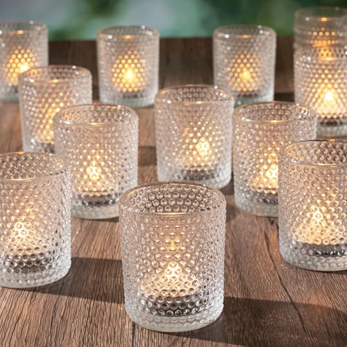 Romcanmy Tea Light Candle Holders Set of 12, Dot-Embossed Clear Glass Candle Holder for Table Centerpiece, Elegant Small Tealight Holders for Christmas Brithday Wedding Home Décor (5cm W×6cm H)