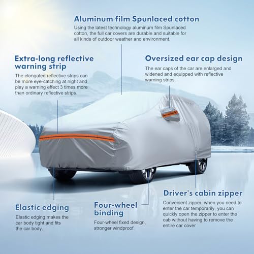 Image of 6-Layer Full Car Cover is All-Weather Waterproof, Universal in All Seasons, Snow Prevention Rainproof, Acid Rainproof, Sunscreen, Ultraviolet-Proof, Fit MPV 199 inch-210 inch Orange Reflective Strip