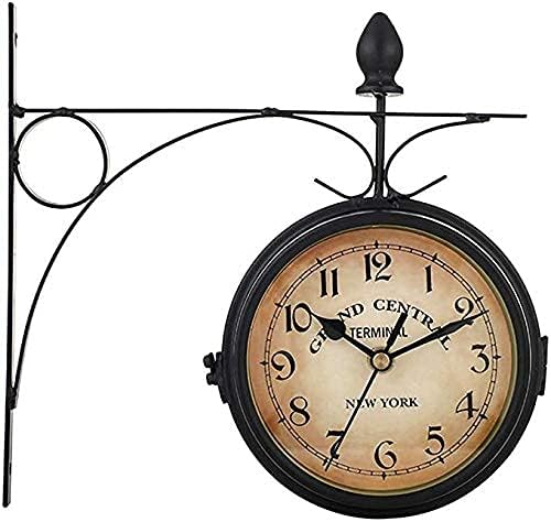 Outdoor Garden Wall Clock, 9 Inch Double Sided Wrought Iron Garden Clock Waterproof Outdoor Clock Indoor Outdoor Decoration Outside Clock Station Quartz Wall Clock with Outside Bra