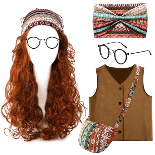 Maiteenly Halloween Professor Costume Halloween Wizard Wig Suede Vest Headband Glasses Canvas Bag for Nerd Prophecy Teacher Cosplay