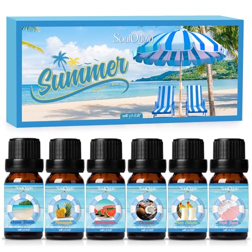 SoulOrigin Summer Essential Oils Set, Fragrance Oil Gift Set for Oil Diffusers, Scented Oils for Soap Candle Making 6x10ml - Sea Breeze, Pineapple, Watermelon, Coconut, Pink Beach, and Pina Colada