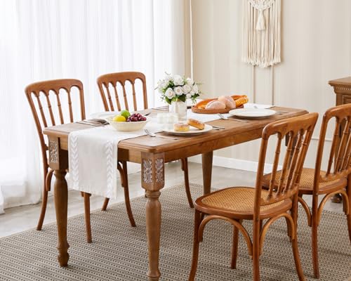 Wracra Embroidered Table Runner Irregular Willow Leaf Table Runners 72 Inches Long For Dresser Home Dining Table Decor,14 x 72 Inch, White