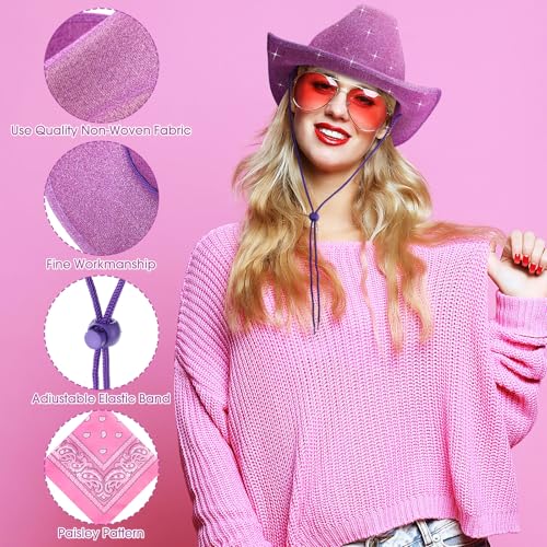 Image of Coume 12 Pcs Sparkly Adults Cowboy Hat and Bandanas Women Men Western Glitter Cowgirl Party Hats with Adjustable Drawstring