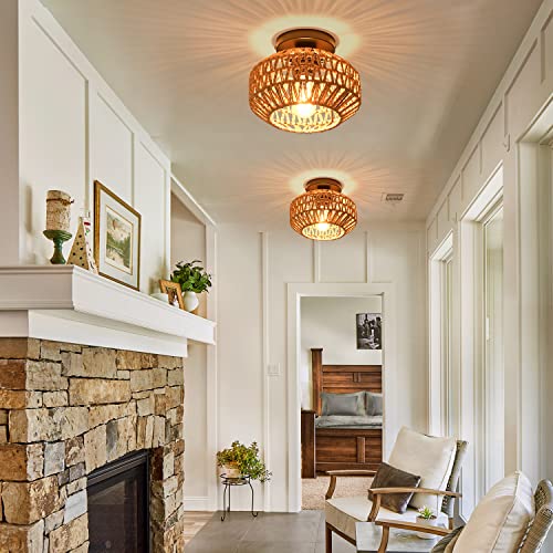 Ihengyanlt 2 Pack Farmhouse Light Fixtures Ceiling Mount,Mini Rattan Boho Semi Flush Mount Ceiling Light,Hand Woven Hallway Light Fixtures For Bedroom Entryway Nursery Study Room (2 Pack) #TOP1