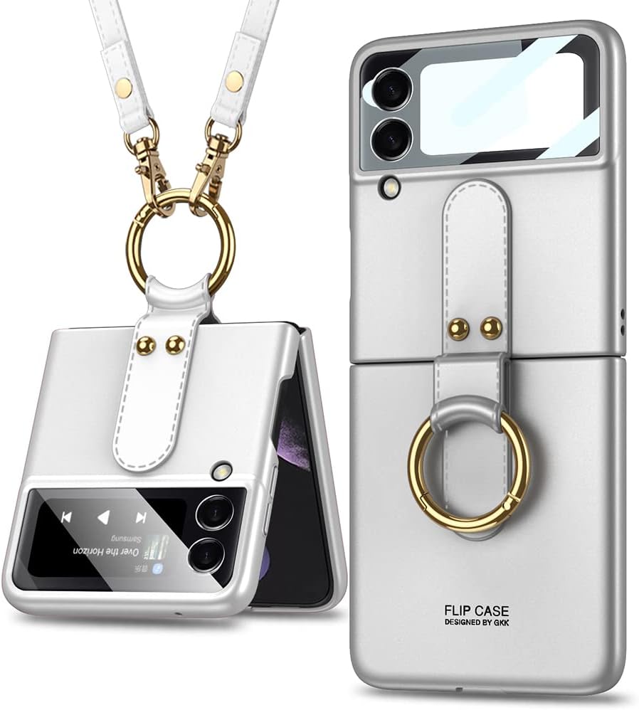 Galaxy Z Flip 4 Case with Ring Holder and Strap 9H Glass Camera Lens Screen Protector Ultra Thin Matte PC Cover Anti-Drop All-Inclusive Case (Green)
