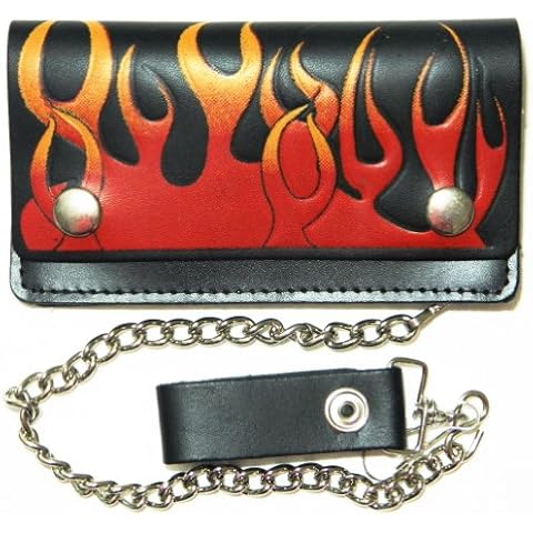Tromic USA Flames 6'' Black Biker Chain Leather Wallet Bi Fold Cover