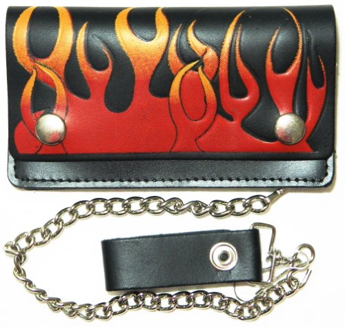 Flames 6'' Black Biker Chain Leather Wallet Bi Fold