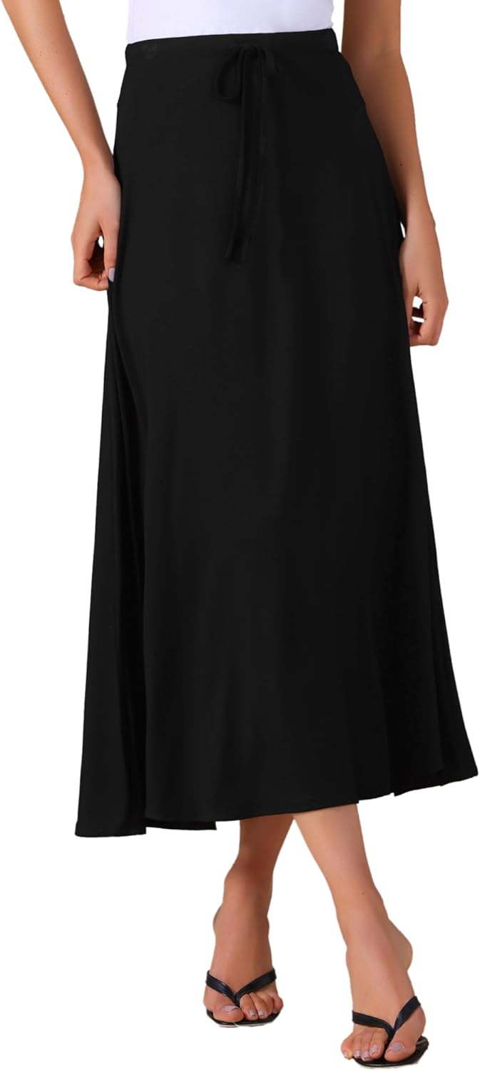 Allegra K Women's Casual Long Skirts Elastic Waist Drawstring Stretchy A-Line Flare Flowy Maxi Skirt