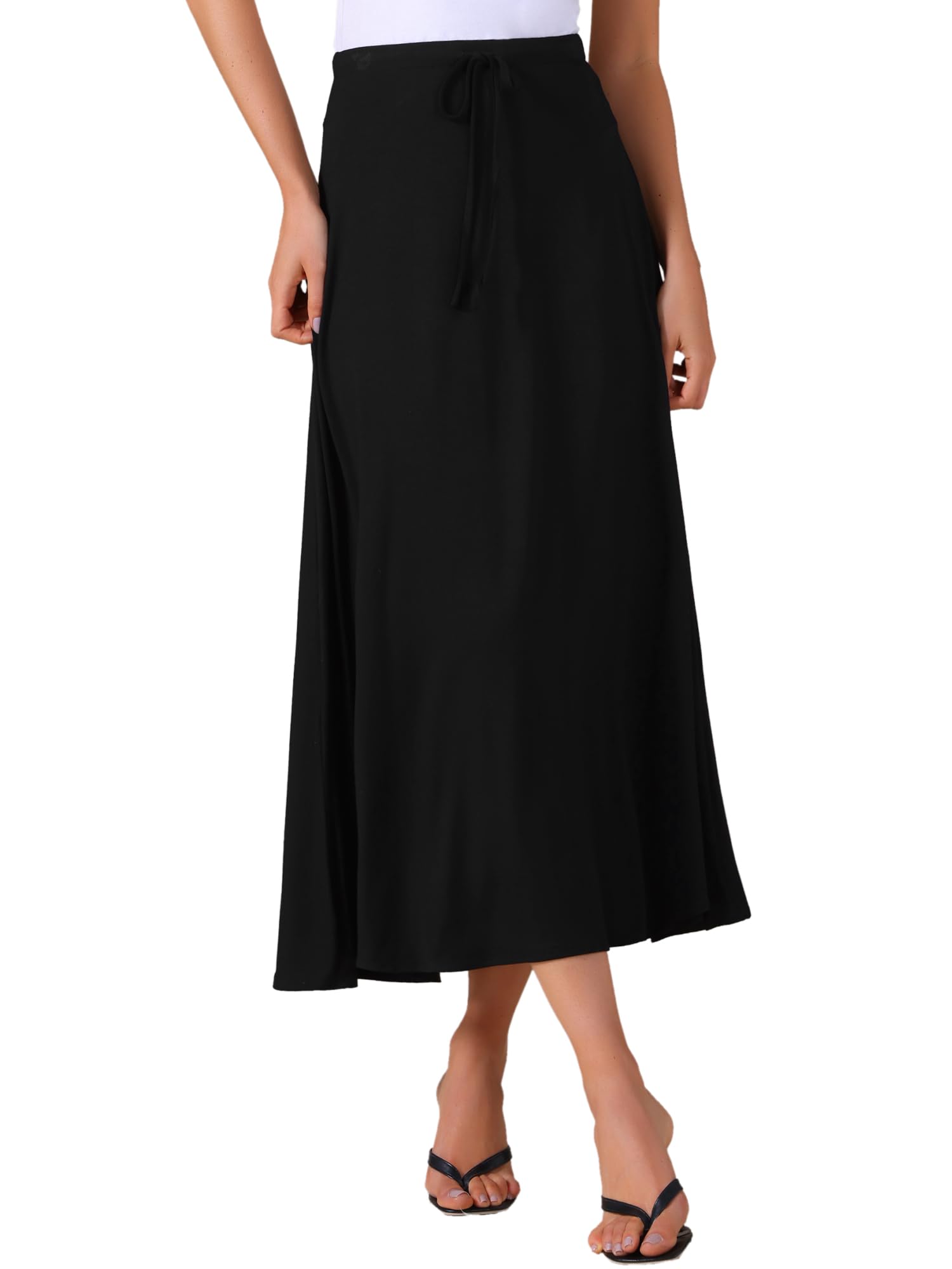 Allegra K Womens Casual Long Skirts Elastic Waist Drawstring Stretchy A-Line Flare Flowy Maxi Skirt