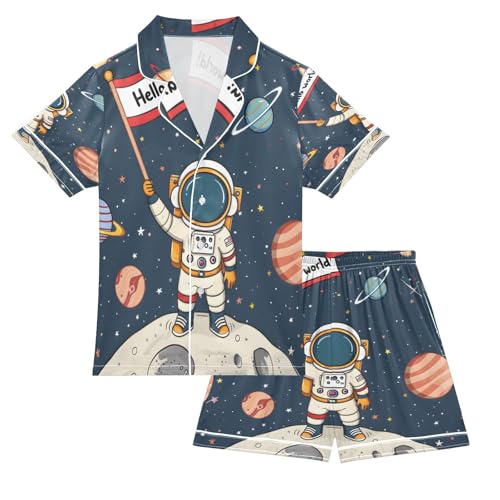 ALAZA Solar System Astronaut Planet Hello World Satin Pajamas Set Short Sleeve Button Down Sleepwear Summer Pjs 2 Piece