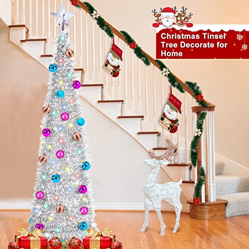 5 Ft Lighted Bling Christmas Pencil Tree With Timer 25 Ball Ornament 50 Color Lights 3D Star Battery Operated,Glitter Tinsel Pop Up Slim Christmas Tree Decoration Indoor Outdoor Home (Silver) #TOP3