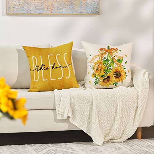 Avoin Colorlife Sunflower Home Sweet Home Bless This Home Summer Throw Pillow Covers, 18 X 18 Inch Yellow Cushion Case For Sofa Couch Set Of 4 #TOP19