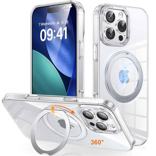 iPhone 16 Pro 用 ケース Magsafe対応 ワイヤレス充電 360°回転スタンド 縦横両対応 Gunwon スマホケース iphone16 Pro 用 米軍規格 耐衝撃 半透明 マット感 マグセーフ 防指紋 リング マグネット搭載 アイフォン16プロ 用 カバー「クリア」