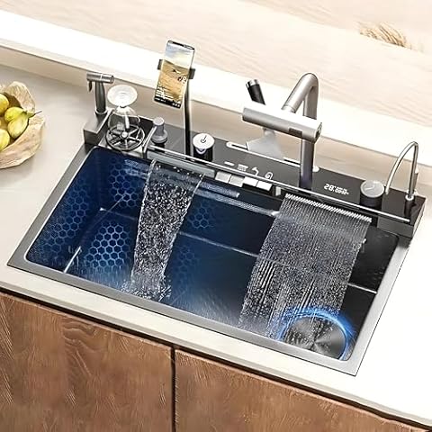 ARZEN Waterfall Kitchen Sink with Cup Washer, Smart Sink, Stainless Steel, Modern Sink for Kitchen, Smart Kitchen Sink, Fregaderos de Cocina Modernos Cover