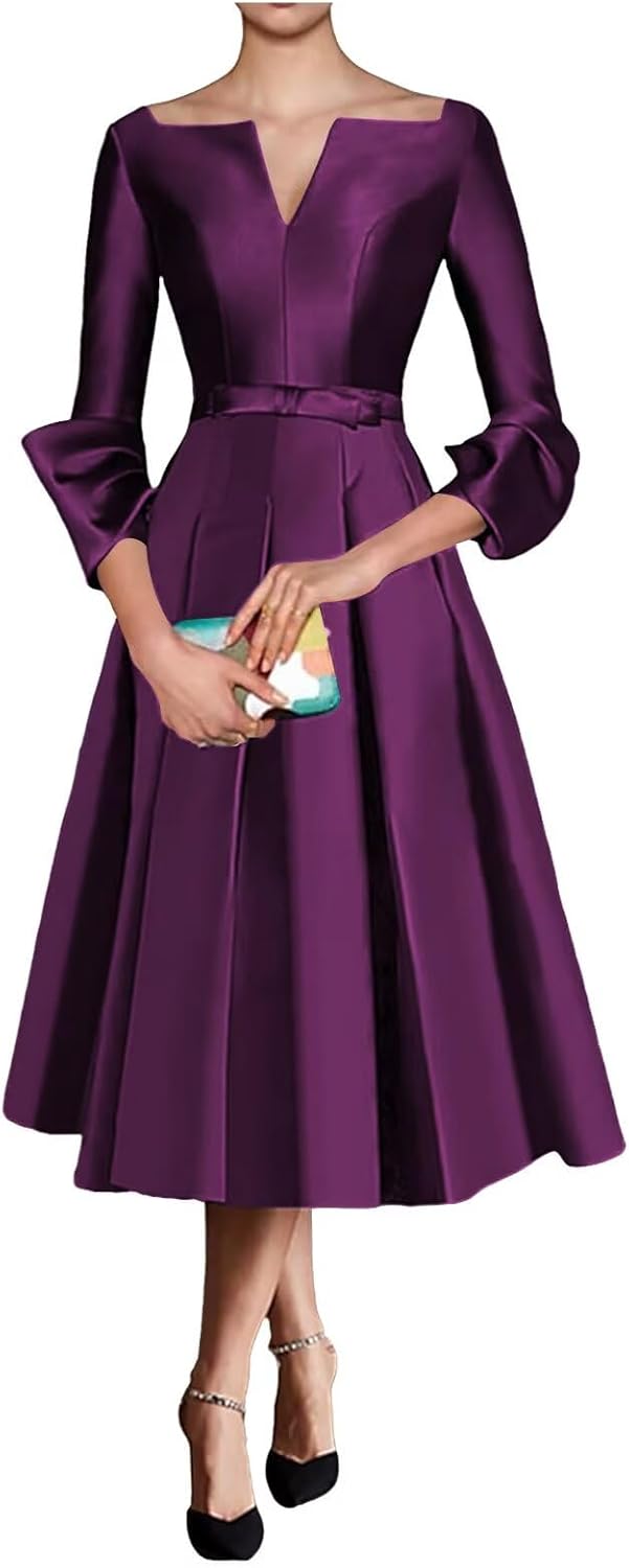 Satin Mother of The Bride Dresses for Women Tea Length Long Sleeve Wedding Guest Dress A Line Evening Gown