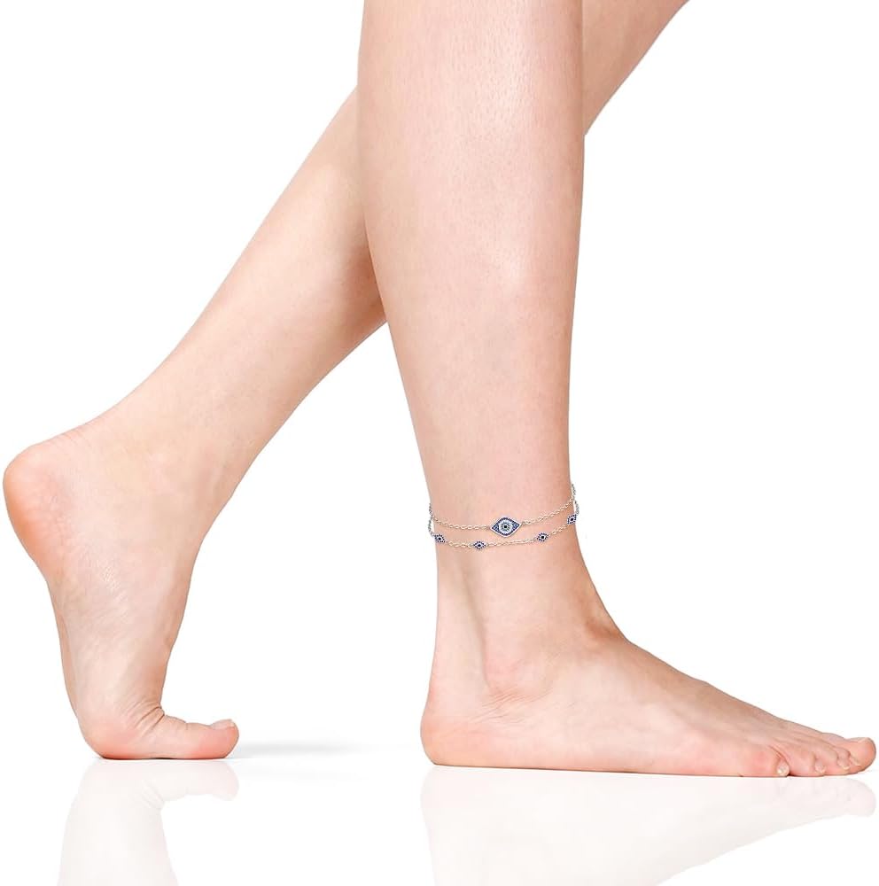 Fenthring Evil Eye Anklet Sterling Silver Blue Evil Eye Anklets for Women Ankle Bracelets Greek Protection Blue Eyes Jewelry Layered Christmas Gifts - Image 2