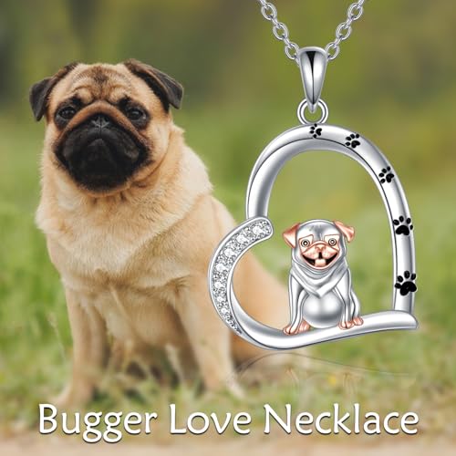 YONFQE Mops Halskette 925 Sterling Silber Herz Anhänger Niedlicher Hund Pfote Print Schmuck Geschenk für Frauen Hundeliebhaber