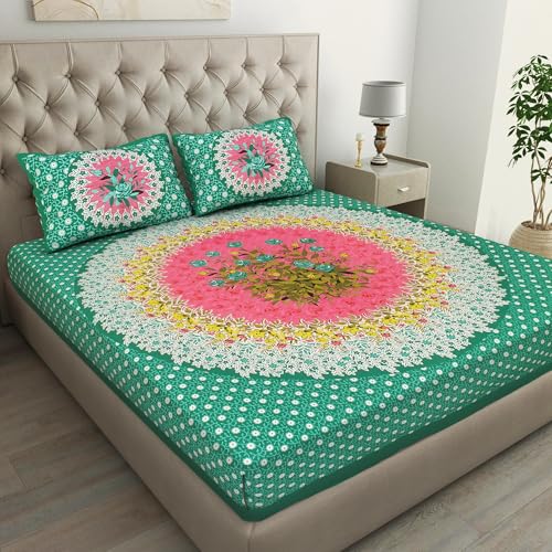 Image of JAIPUR PRINTS 100% Cotton Bedsheet for Double Size Bed bedsheets Rajasthani Jaipuri Printed Double Size Bedsheet with 2 Pillow Cover / 90x100 inch / 235x215 cm / (Green)