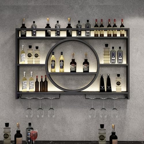 Étagère à vin murale avec support de verres et éclairage LED intégré en métal