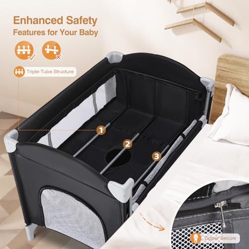 Image of JOYMOR 4 in 1 Pack and Play, Baby Bedside Bassinet, Sturdy Play Yard with Padded Mat and Music Bar with Soft Animals