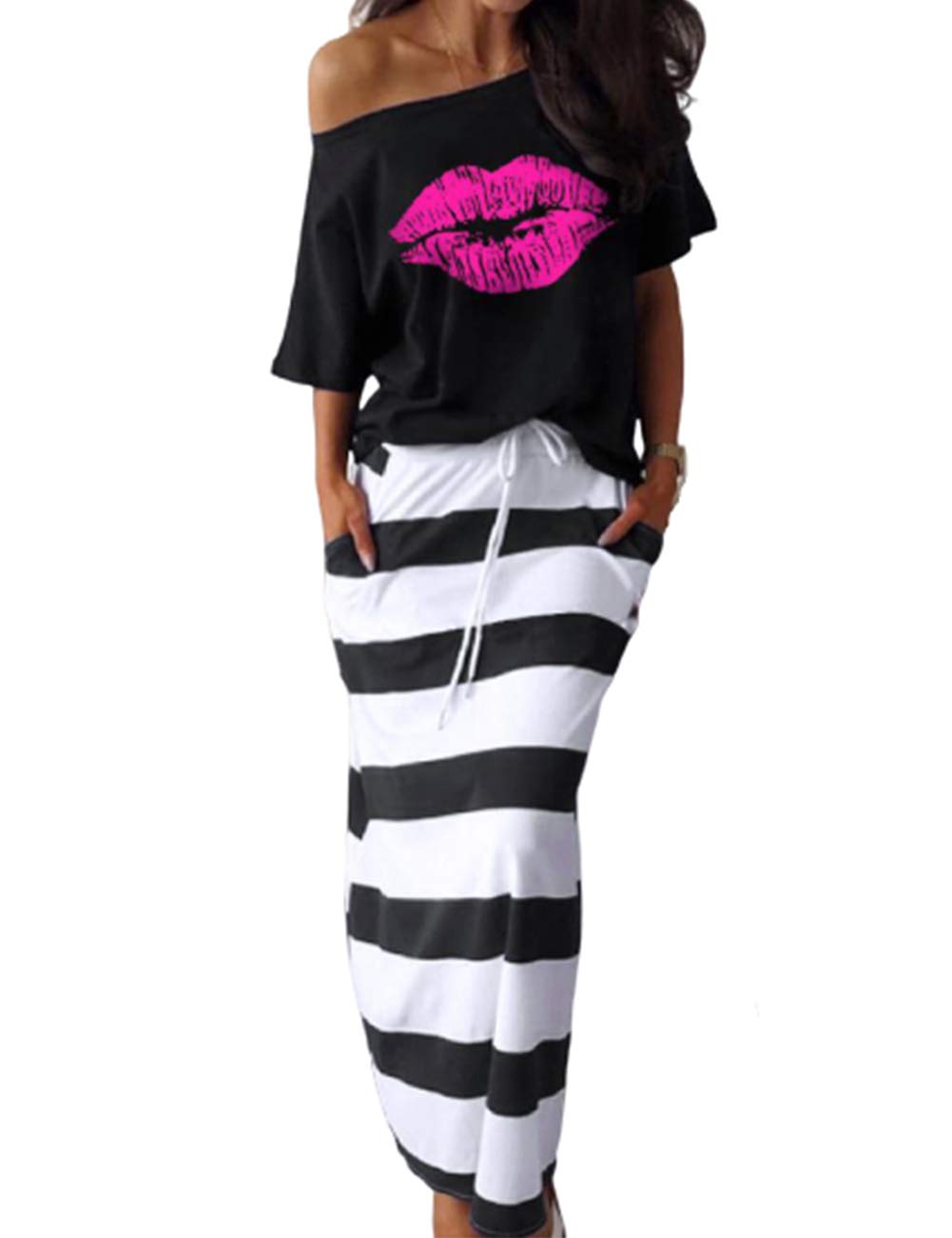 CHICME Women Top & Skirt Sets Lip Pattern Off Shoulder Short Sleeve T-Shirt Striped Skirt Set Casual Two-Piece Outfits Black M