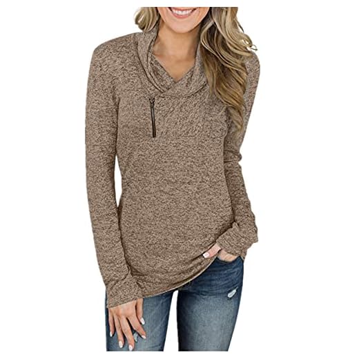 Höst/vinter tröja dam enfärgad långärmad pullover dragkedja dam slim fit plus size blus, Brun, XL