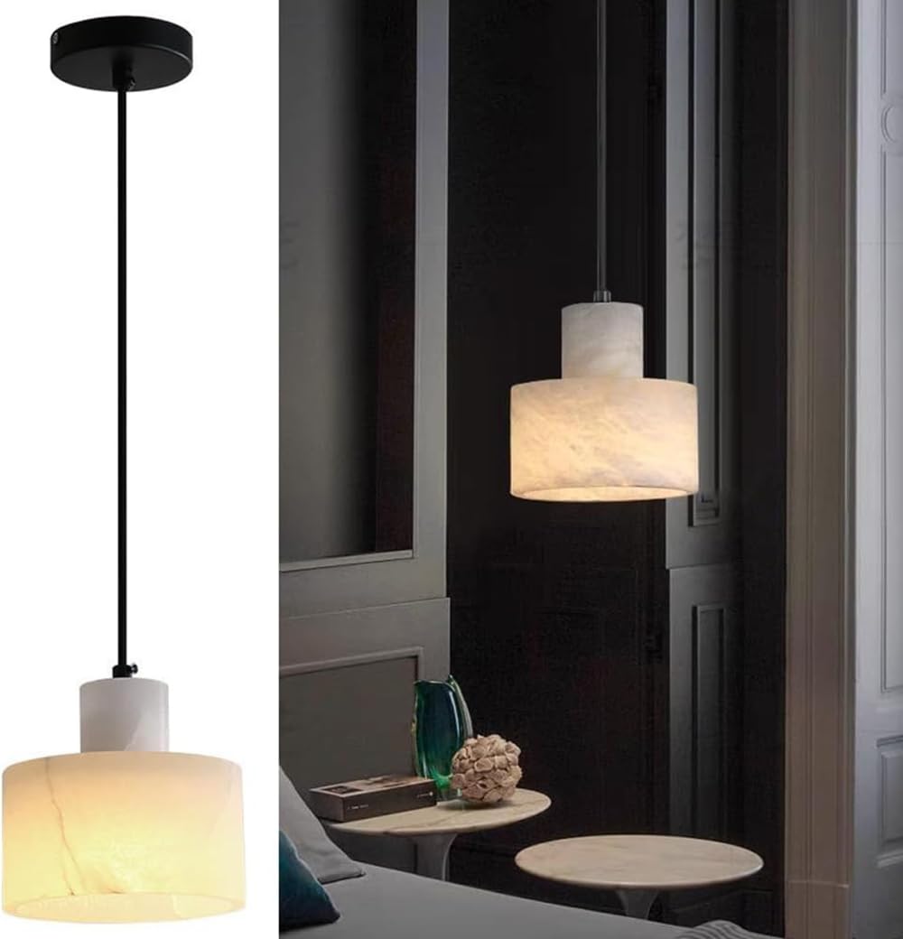 Abinlina Natural Marble Alabaster Pendant Light Fixture - Adjustable Height White Alabaster Kitchen Island Lamp for Bedroom, Living Room, and Corridor