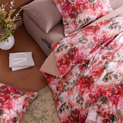 CASAAGUSTO Queen Comforter Set, 7 PCS Red Rose Floral Comforter Set with Flowers Leaves Pattern, Soft Seersucker Design All Season Queen Size Bedding Set(90"X90")