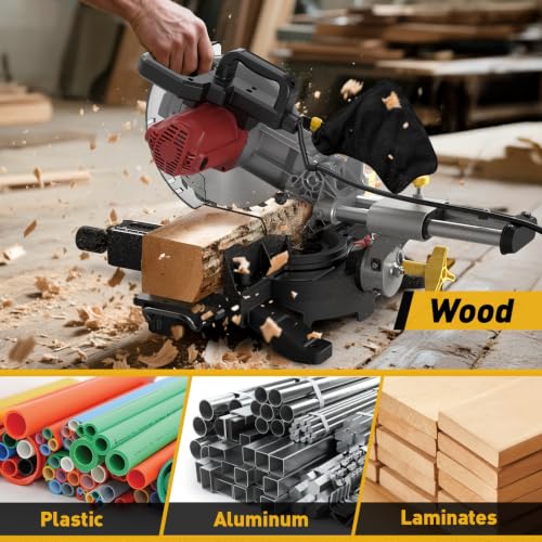 Image of 10-inch Sliding Compound Miter Saw, 5000RPM, 15 Amp, Single Bevel 0-45 with Extension Table, 36T Blade, Power Saw for Metal, Plastic, Wood, Laminates