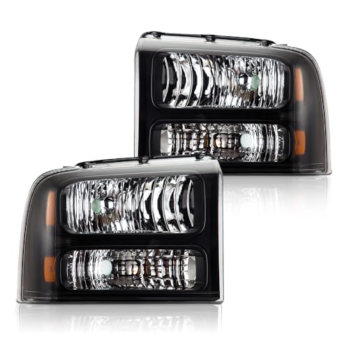 Image of GRAND ORANGE Pair Headlights Assembly, Compatible with Ford F250 F350 F450 F550 Super Duty 2005-2007, Fit Ford Excursion 2005, Left Driver & Right Passenger, Clear Lens Black Housing Amber Reflector