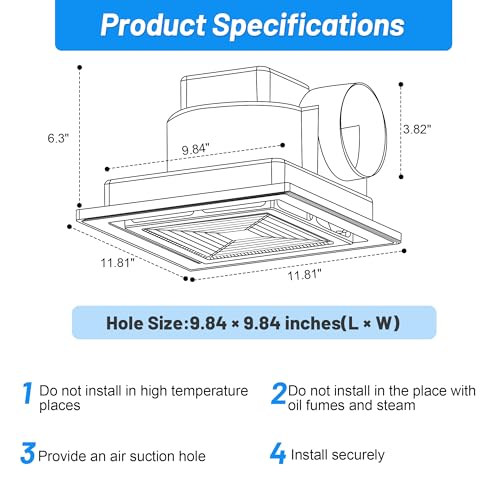 Ventilador de extracción para baño de techo, 10 pulgadas, corriente continua, 110 CFM, 1.0 sones, silencioso | Ajusta ducto de 4 pulgadas y panel de 12 pulgadas. Ventilador de alta eficiencia para hogar, cocina y oficina. miniatura 4