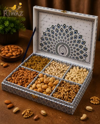 Image of Riwaz Luxury Mor Pankh Dry Fruit Gift Box | 6-in-1 Premium Hamper with Almonds, Cashews, Pistachios, Walnuts, Raisins & Khumani | Ideal for Corporate, Wedding & Festival Gifting (650g)