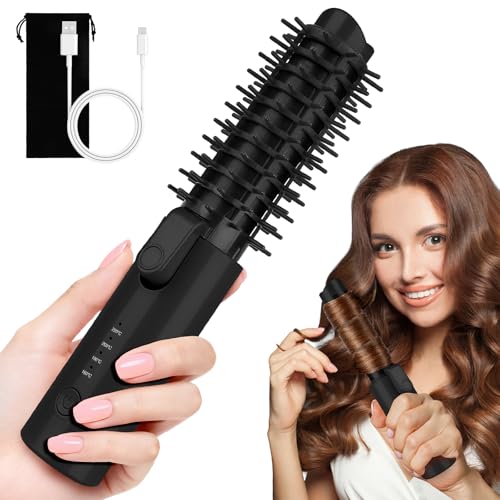 Image of Cordless Curling Iron Brush, Mini Travel Hot Straightener Comb Curl Brush, Rechargeable 4 Temps Cordless Wand Blush with 200 Million Negative Ions for Curls Straightening Styling (Black)