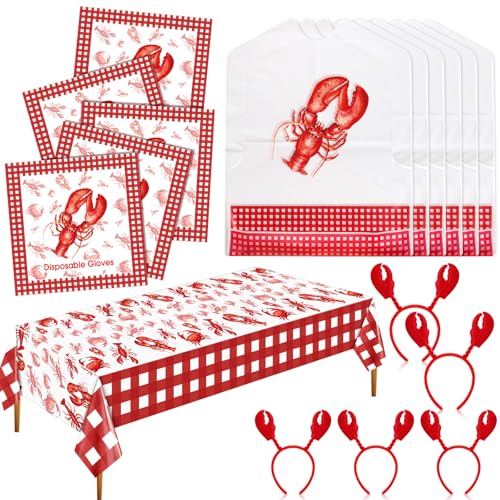 Chicingyou 56 Pcs Crab Crawfish Boil Party Supplies with 25 Lobster Bibs 25 Disposable Gloves 5 Crawfish Headbands 1 Lobster Crab Tablecloth 108 x 54 Inches Disposable Accessories for Seafood Party