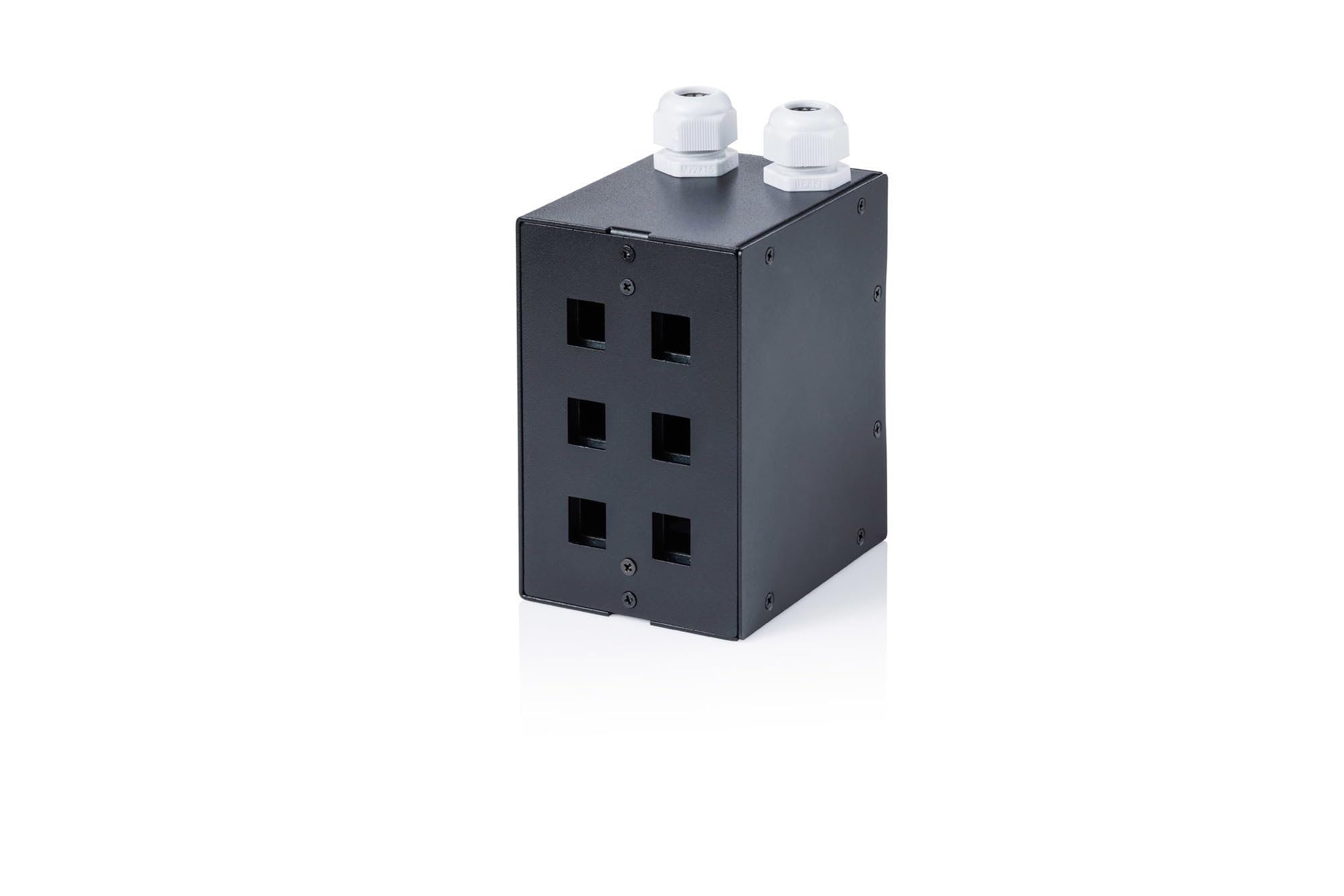 DIGITUS DIN-rail adapter – 6-port – for shielded Keystone modules and connectors from DIGITUS – DIN-rail mounting – M25 cable gland – patch panel – black