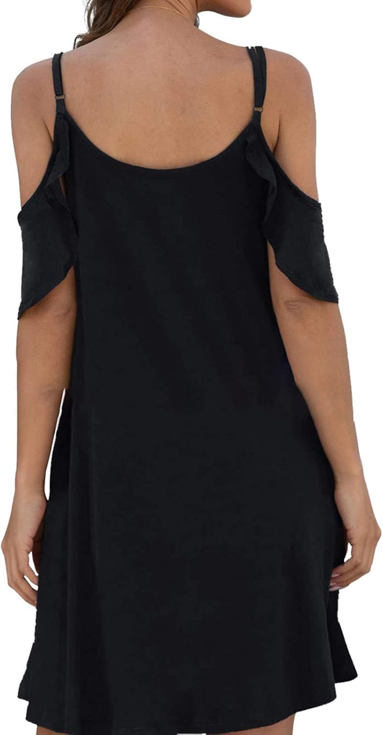 Womens Short Sleeve Cold Shoulder Tunic Top Dress Casual Summer Floral Flowy Dress Swing T-Shirt Loose Dress with Pocket