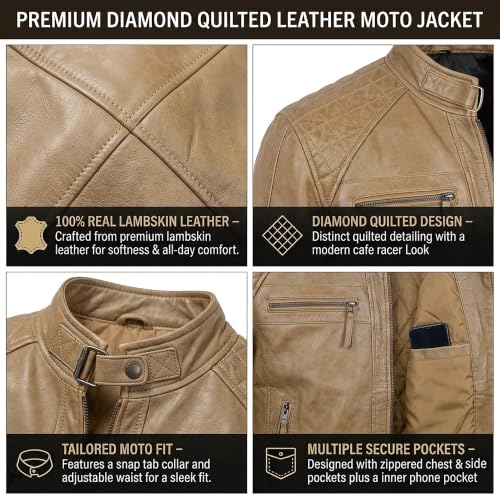 Image of Mens Vintage Retro Biker Cafe Racer Jackets - Diamond Quilted Style Genuine Leather Motorcycle Jacket