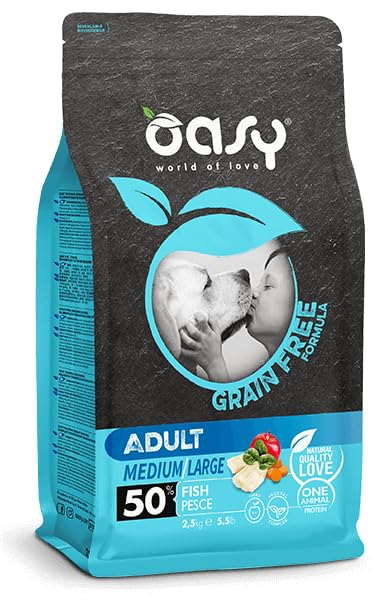 OASY Cane GRAIN FREE FORMULA • Adult Medium/Large Pesce | alimento secco completo per cani adulti di taglia media e grande, prodotto senza cereali, 1 confezione da 2,5kg.