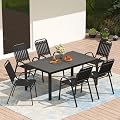 PIZZELLO 7-Piece Outdoor Patio Dining Set, 6 Stackable Patio Chairs and Rectangular Dining Table, All Weather HDPE Outdoor Table and Chairs Set for Backyard, Garden, Deck and Poolside