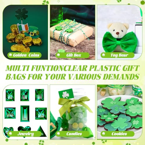 Bulyoou 12 Pcs Clear St. Patrick's Day Gift Bag with Raffia Lucky Clover Tag Plastic St. Patrick's Day Party Favor Bag Shamrock Goodie Bag Clover Irish PVC Wrap Bag with Handle for Party Supplies by Bulyoou - Image 6