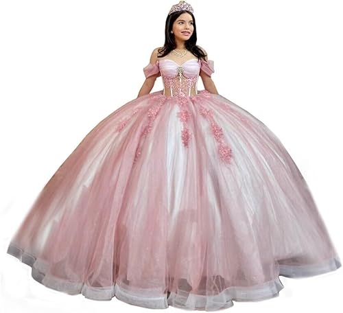 Mouccy Vestidos de quinceañera de encaje con purpurina con cuentas y hombros descubiertos dulces 16 vestidos con tren perlado XV vestidos para