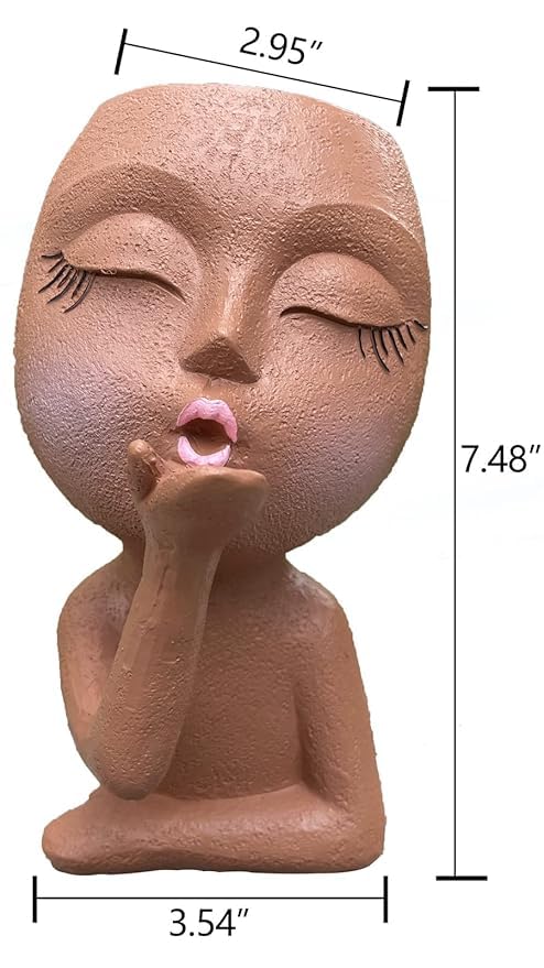 Image of Face Planter Pot with Drainage Hole 6 inch Resin Head Flower Pot | Cute Closed Eyes Lady Design Planter for Garden Home or Office | No Plants or Floral Included (Brown)