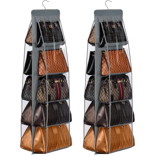 CJWLKJ 2 Pcs 10 Pockets Hanging Purse Handbag Organizer Clear Hanging Shelf Bag Collection Storage Holder Purse Bag Wardrobe Closet Space Saving Organizers (Grey)