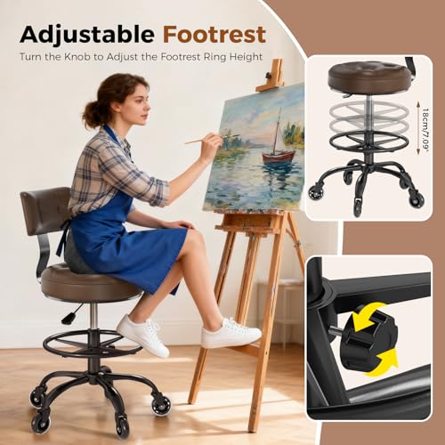 FREEKYROCK Office Drafting Chair with Footrest, Tall Height Adjustable Stool with Back Support, Heavy Duty Rolling Stool Chair with Wheels for Office Home Kitchen Bar Shop Guitar Studio Vanity, Brown by FREEKYROCK - Image 6