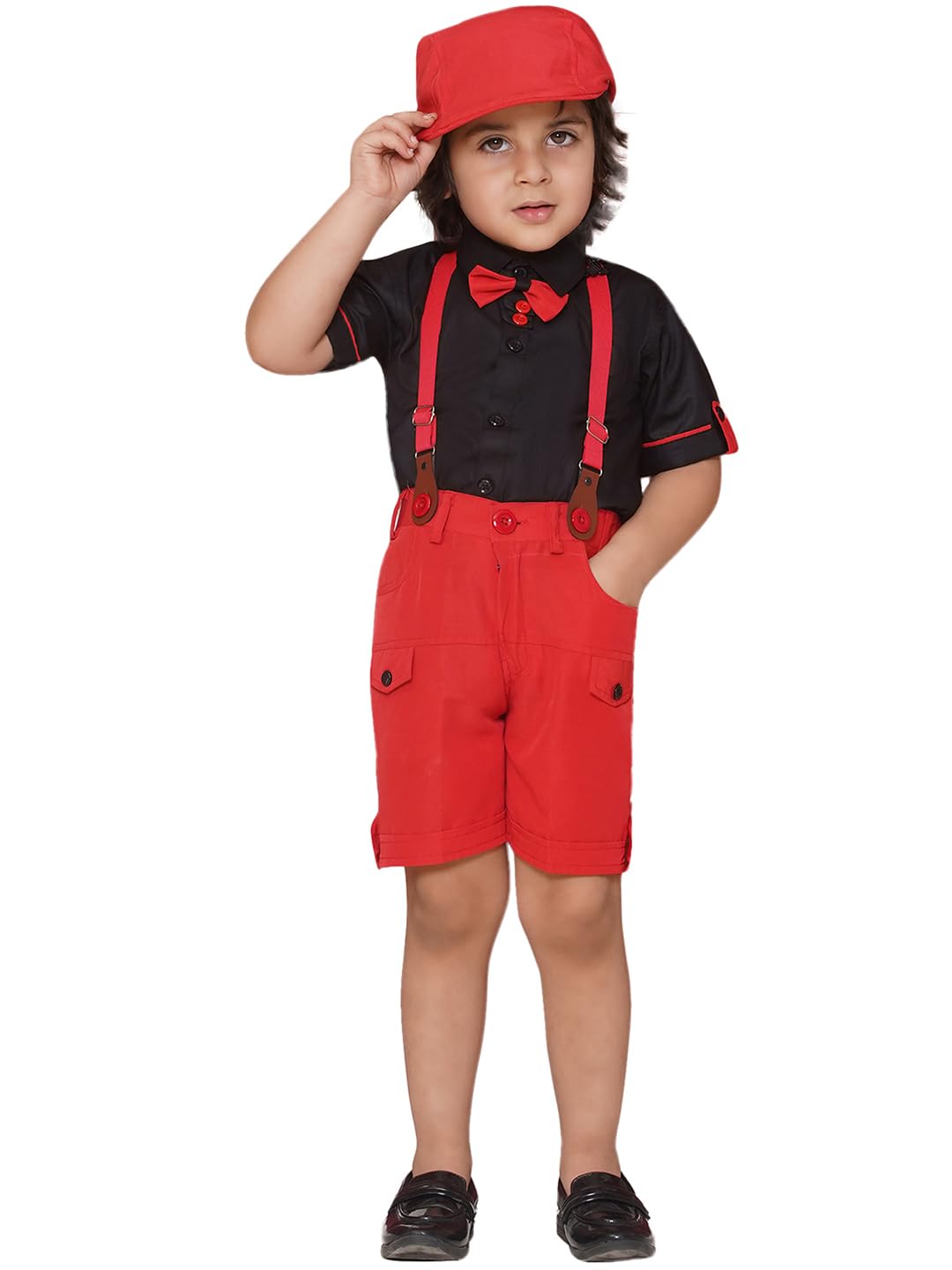 AJ DEZINES Kids Clothing Cotton Blend Solid Shirt Shorts With Cap and Suspender Set For Boys
