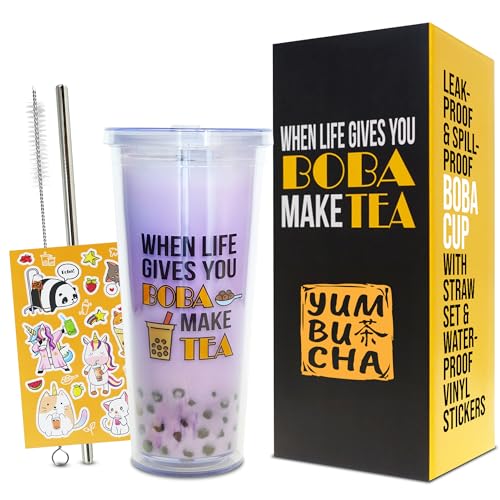 Yumbucha Reusable Boba Tea Cup (24 oz) with Stainless Steel Straw | Insulated Bubble Tea Kit...