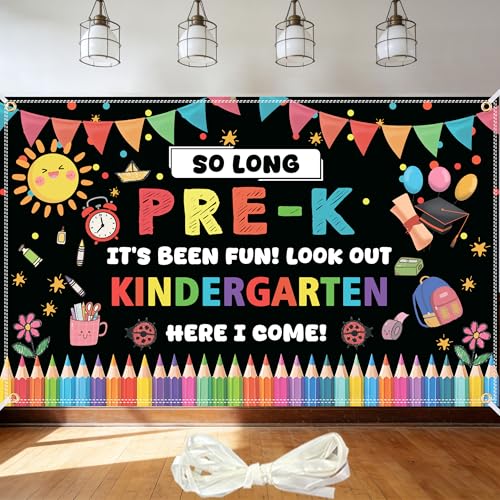 71x43 Inch PRE-K Graduation Backdrop Banner Preschool Graduation Decorations Polyester So Long Pre-k Its Been Fun Look Out Kindergarten Here I Come for Home School Classroom Party Supplies with Ribbon