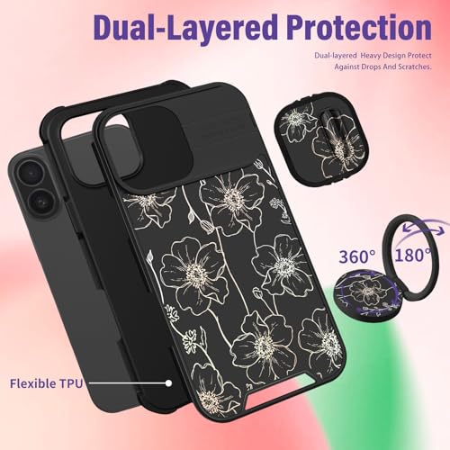 Image of Funermei for iPhone 16 Case - Women Girls Cute Phone Cover Girly Pretty Aesthetic Black Floral Flower Unique Design with Camera Cover Funda for Apple for iPhone 16