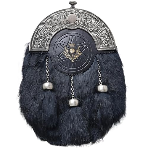 Scottish Full Dress Kilt Sporran - Celtic Cantle Black Fur Sporrans Kilts For Men Antique Finish Leather Sporran with Chain Belt - Perfect For Highland Wedding (Black Fur Thistle - Antique)