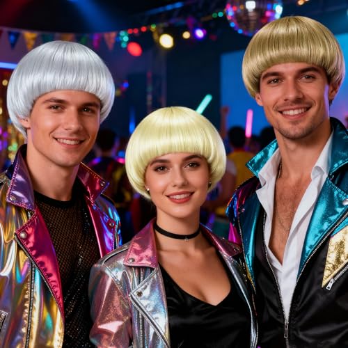 short blonde bob wig with bangs mushroom wigs for men women 60s 70s bowl cut wigs men blond bob for cosplay funny wig for party outfit anime for halloween costumehair cap